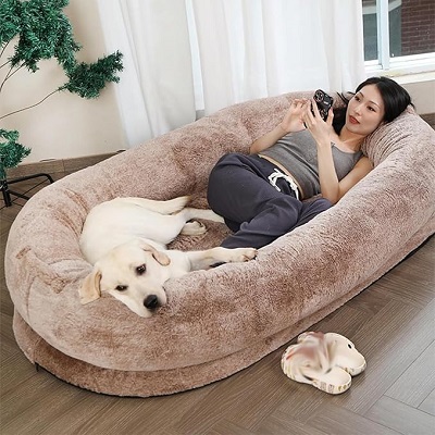 Large Human Dog Bed,Human Dog Bed for People Adults Washable Luxury Faux Furhuge Napping Bed Giant Beanbag Bed with Matching Blanket (2 E)